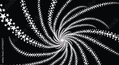 Abstract spiral pattern of white stars forming a vortex on a black background, creating a cosmic and dynamic visual effect.