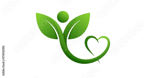 Green leaf human figure with a flowing heart symbol, representing natural health, holistic wellness, and organic lifestyle logo
