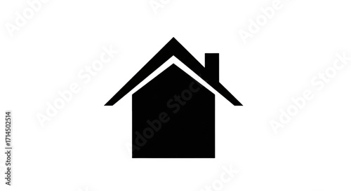 Black minimalist house icon with a pointed roof and chimney silhouette on a clean white background, symbolizing home, property, or real estate