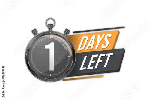 1 Days left vector. 1 Days to go red and black Countdown timer design. Stopwatch Time