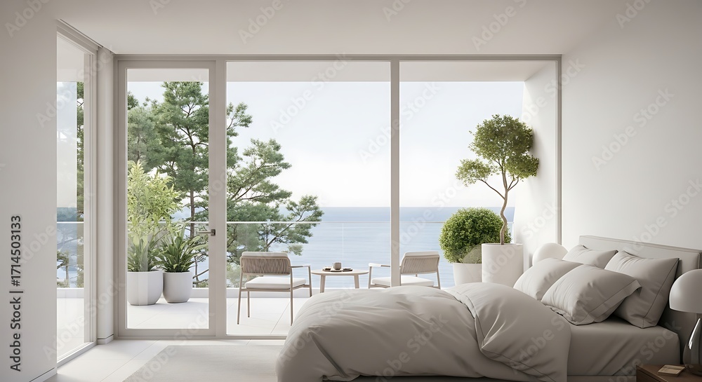 Fototapeta premium Bright bedroom with balcony and sea view in modern apartment interior