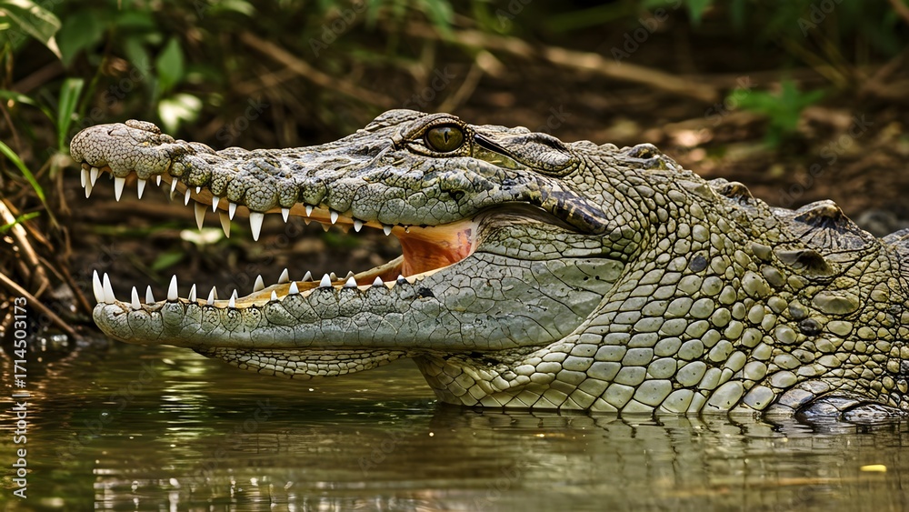 Fototapeta premium A crocodile looking for a prey in a pond