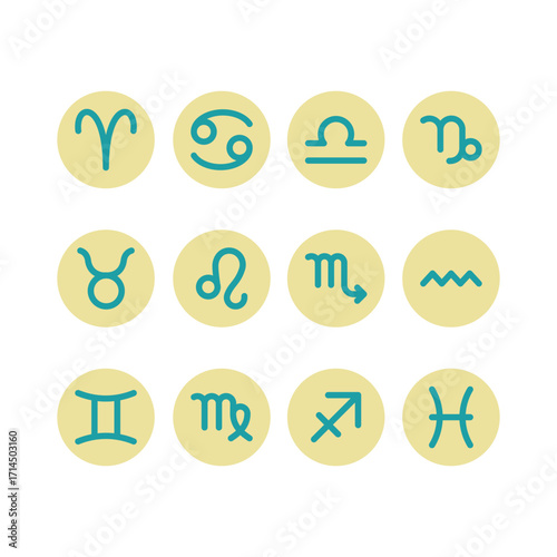 Zodiac sign icon set in color for horoscope, universe, and astrology projects.