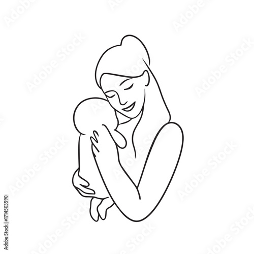 Black and white line art of a beautiful mother lovingly embracing her baby minimalist tender illustration