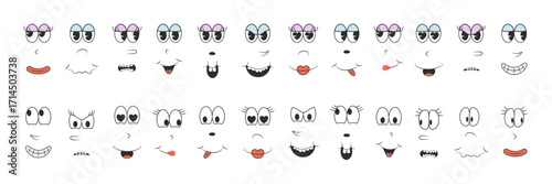 Set of cartoon faces and comical expressions 70s characters. Comic faces, eyes and lips in different emotions happy, angry, sad, joy, love, cheerful.