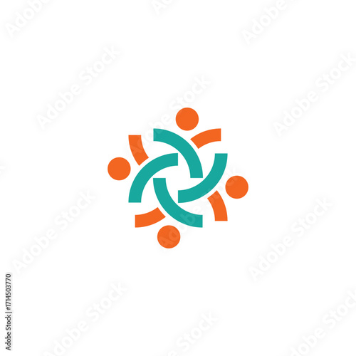 A geometric graphic featuring interconnected teal and orange shapes forming a circular design, symbolizing unity and teamwork against a clean white background, ideal for business and social media.