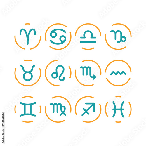 Zodiac sign icon set in color for horoscope, universe, and astrology projects.