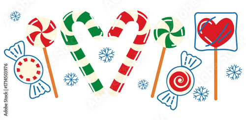 Christmas sweetness. New Year's set of candies . Candy cane and lollipop