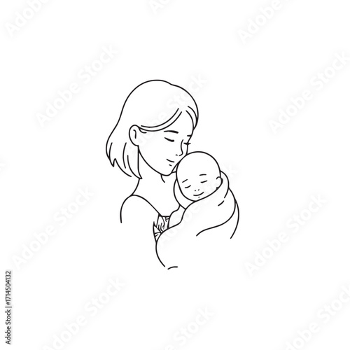 Black and white line art of a beautiful mother lovingly embracing her baby minimalist tender illustration
