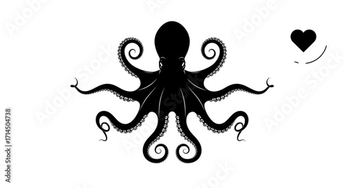 Striking black octopus silhouette with eight detailed tentacles on a clean white background. Minimalist marine life graphic artwork.