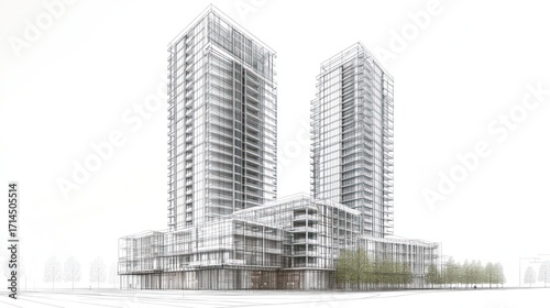 Modern architectural drawing of twin towers