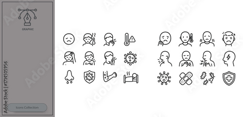 Health icons representing symptoms of illness and medical conditions illustrated in a simple line art style