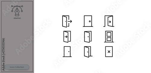 Creative door icons showing various opening and closing actions in a minimalistic design
