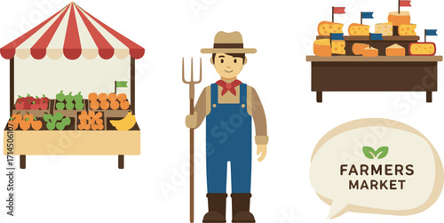 Colorful Illustration of Farmers Market Elements with Produce Stall, Cheese Counter, and Farmer Character