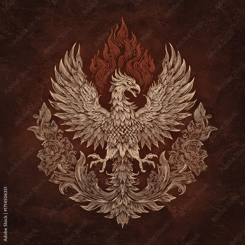 Fototapeta premium The majestic phoenix rising from flames, a symbol of rebirth, strength and hope. The phoenix has outstretched wings and is set against a floral backdrop. The image conveys elegance and luxury 