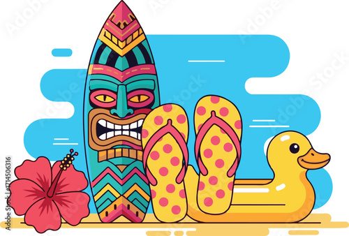 Vibrant Tropical Summer Elements with Tiki Surfboard and Beach Accessories