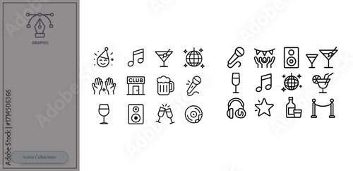Nightlife icons featuring drinks, music, and party elements in a vibrant club setting