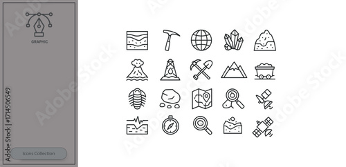 Various geological and mining icons showcasing activities related to earth science and exploration in a simple design