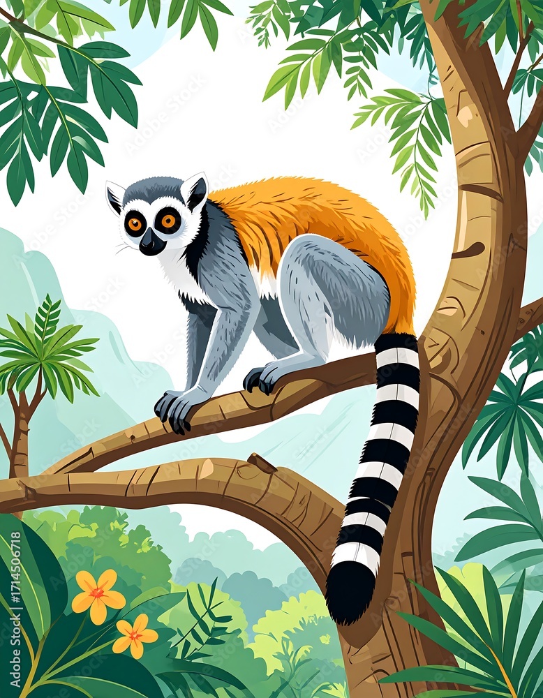 Obraz premium Lemur on a tropical tree branch