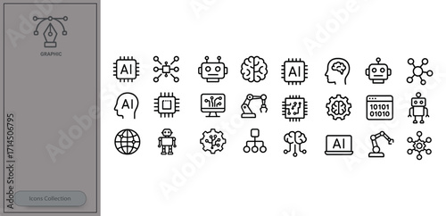Collection of AI-related icons depicting technology and robotics concept in a minimalist style on a white background