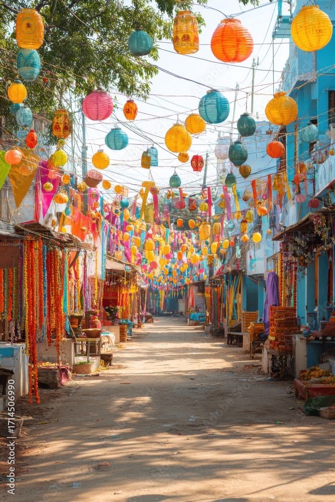 Fototapeta premium Vibrant Indian street decorated lanterns colorful banners hanging lights festive market stalls