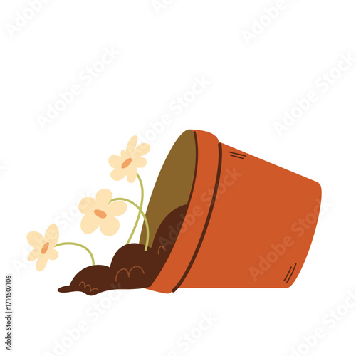 Illustration of a lying pot with flowers in a garden
