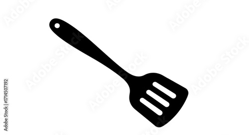 High-Quality Black Slotted Spatula Kitchen Utensil Silhouette Isolated on White Background Cooking Tool Graphic Design Element for Web