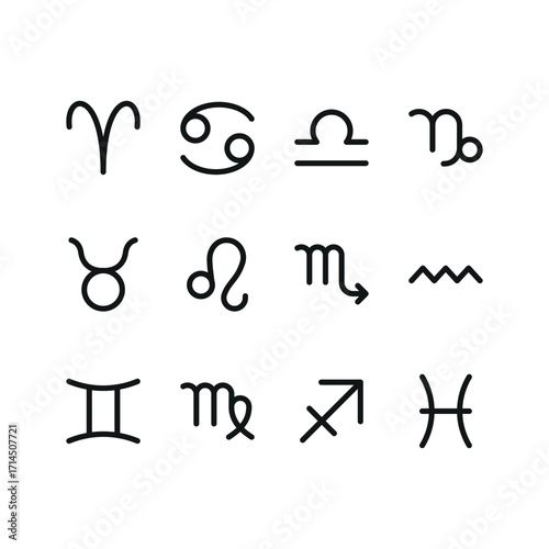 Zodiac sign icon set in line style for horoscope, birth chart, and constellation visuals.