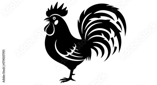 Black stylized rooster silhouette standing proudly, a graphic vector illustration of a farm animal for elegant design and branding art.