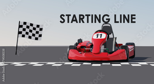 An empty red go-kart at the starting line of a racetrack next to a checkered flag. A vector illustration of a rental kart ready for a race or arrive and drive event.
