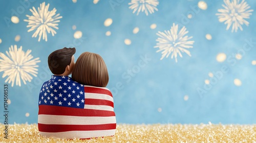 Couple Under American Flag Watching Fireworks Display