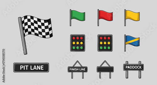 Motorsport and auto racing symbols icon set. Vector collection includes the checkered flag, starting lights, pit lane sign, and various official track marshal signals for competition.