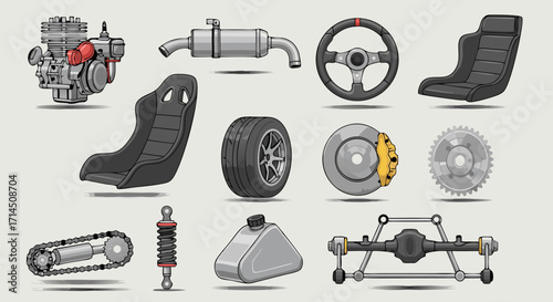 A detailed vector illustration set of performance auto parts. Collection of racing car and motorsport components like engine, brakes, and suspension for tuning, isolated on a light background.