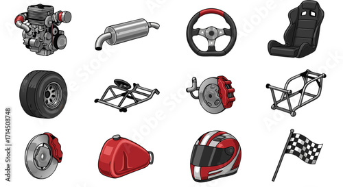 A detailed set of vector illustrations of racing car performance parts. This collection includes an engine, chassis, racing seat, steering wheel, brakes, and other components.