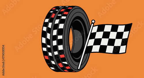 A modern logo concept for motorsport and racing events. This graphic features a tire with a checkered flag pattern tread and a finish flag, symbolizing speed and victory.