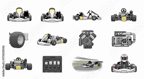 A set of technical vector icons for go-karting. This collection includes the vehicle itself, plus detailed illustrations of its mechanical parts like the engine, wheel, and dashboard.