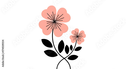 Two elegant minimalist pink flowers with black stems and leaves on a clean white background. Stylized decorative floral graphic art.