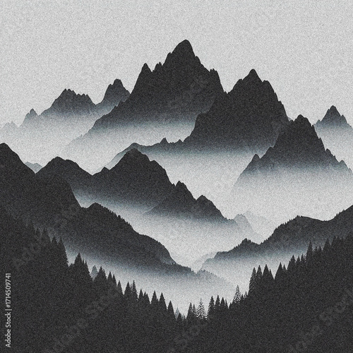 Mountains with grain stipple effect, for grunge collage design. Illustration for vintage banner.	
