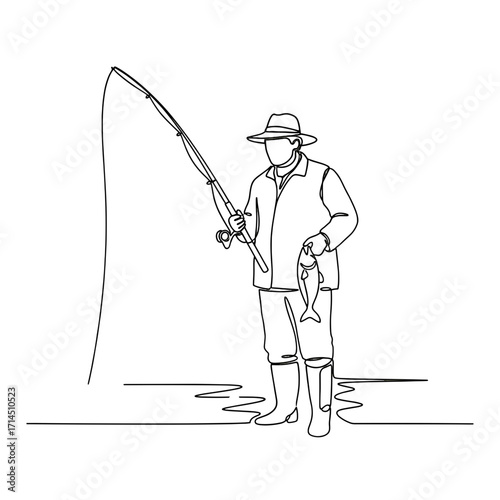 Hunter aiming with rifle alongside hunting dog in line art style  