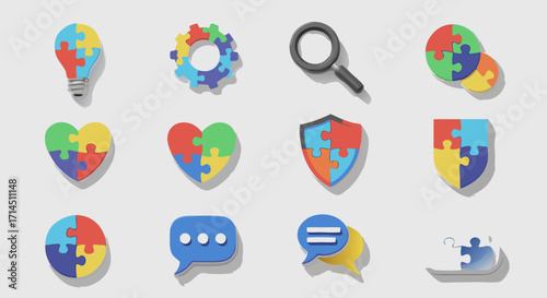 A set of icons for autism awareness, support, and community. Features hearts and shields filled with a colorful jigsaw puzzle pattern to symbolize neurodiversity and understanding.