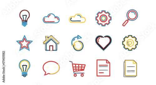 A collection of web and business icons with a unique dashed line art style. Each symbol is outlined with colorful, dotted lines, creating a modern, light, and technical aesthetic.