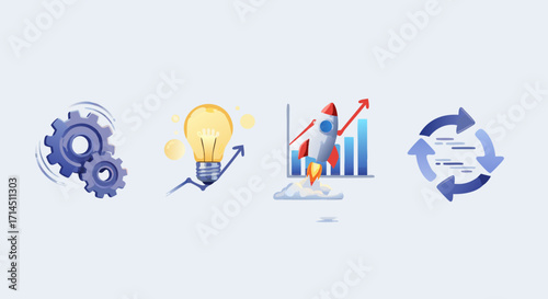 A set of modern vector illustrations for the business startup lifecycle. This collection includes concepts for processing, innovation, rapid growth, and workflow synchronization.