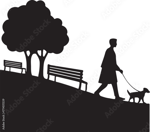 Silhouette of a person walking a dog in front of a house with trees in the background illustration created with generated ai
