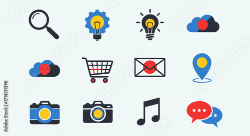 A collection of web icons featuring a unique color accent style. Each symbol combines black graphics with bold pops of color for a clean, modern, and dynamic effect.