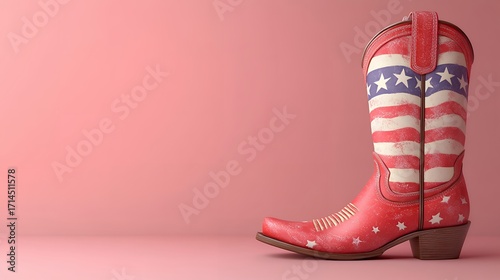 Distressed Red Cowboy Boot with American Flag Design on Pink Background