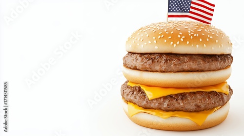 Double Cheeseburger with American Flag on White Background