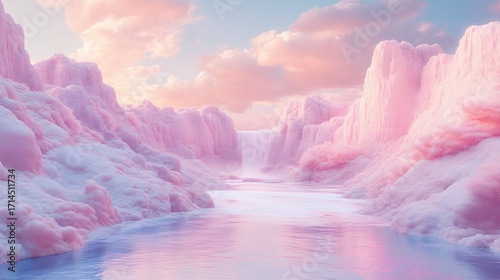 Dreamlike Pastel Pixelated Landscape with Waterfall