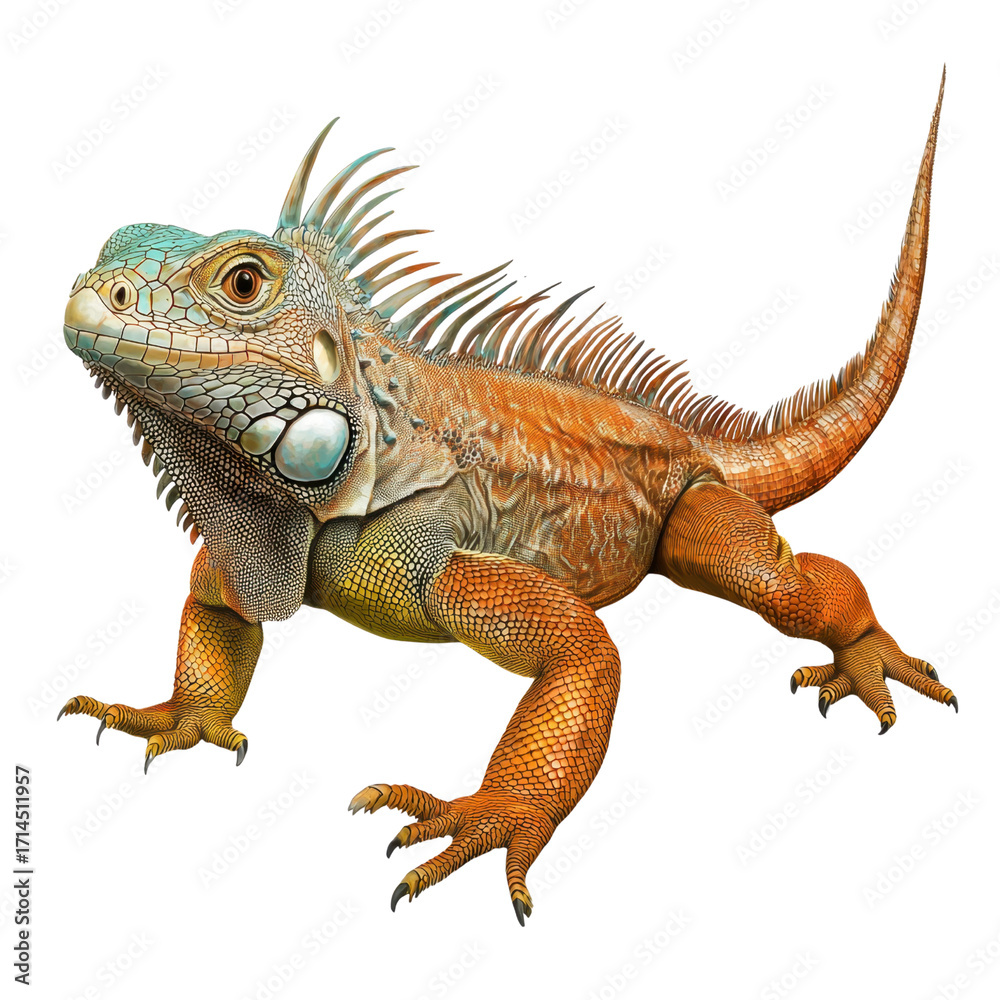 Obraz premium Vibrant Iguana in Detailed Close-Up Shot Showcasing Unique Colors and Textures of Reptile Skin in Natural Environment transparent background