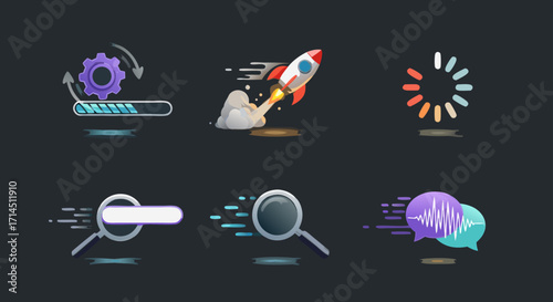 A collection of modern icons for technology and business concepts. This vector set includes illustrations for processing, startup, loading, search, and voice assistant on a dark background.