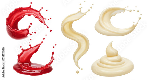 Dynamic splashes, swirls, drips of vibrant red raspberry, creamy white vanilla sauces, frozen in motion against transparent background with copy space. Concept for dessert advertising